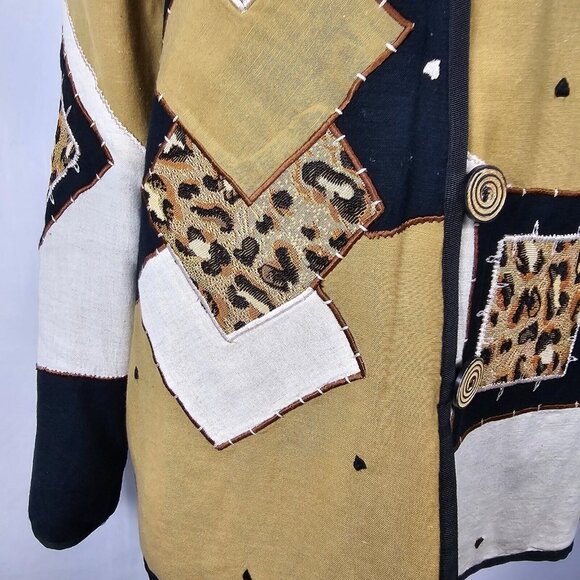VTG Grandmacore Patchwork Retro Bold Abstract Cheetah Gold Black Cardigan S - Picture 8 of 15